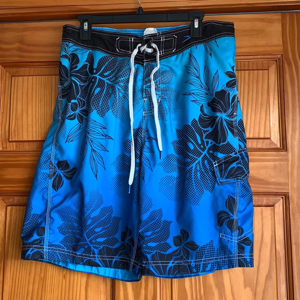 Speedo Men’s L Blue Black Floral Swim Trunks